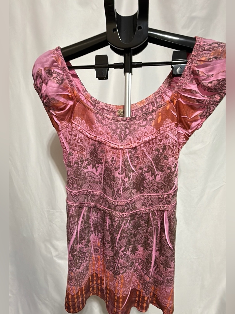 Y2K Style Pink & Brown Floral Paisley Cap Sleeve Top